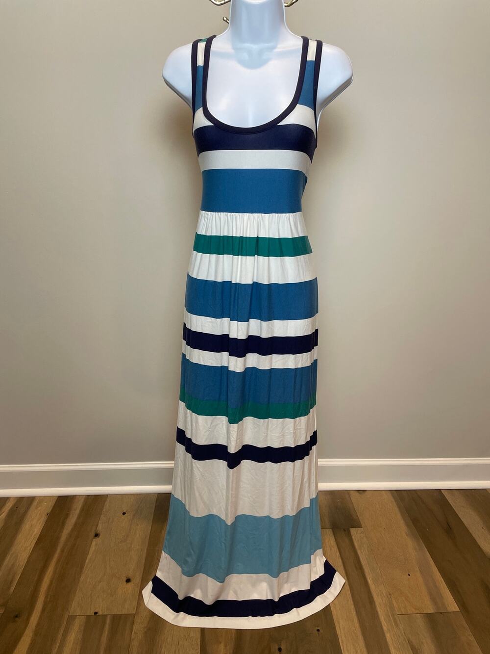 Loft Beach Stripe Maxi Dress Size L White Blue Navy Trim Racerback